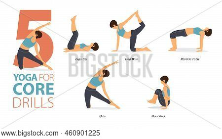 Infographic 5 Yoga Poses For Workout At Home In Concept Of Core Drills In Flat Design. Women Exercis