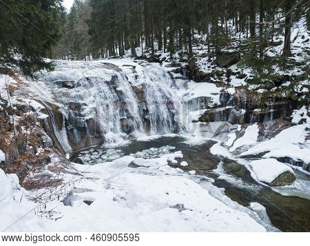 Mumlavsky Vodopad, Waterfall On Mumlava River Stream In Krkonose National Park, Czech Republic In Wi
