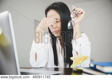 Young Business Woman Person Sleepy And Has Frustration Eye Problems With Cephalalgia Disease From Us