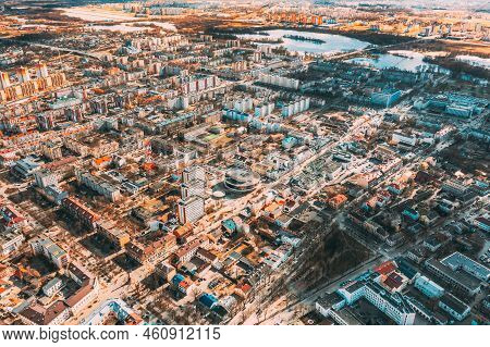 Brest, Belarus. Brest Cityscape Skyline In Spring Day. Birds-eye View Of Residential Districts. Aeri