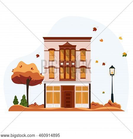 Family House In Autumn. A Building With A Tree And Lantern In The Yard. Vector Illustration For Webs