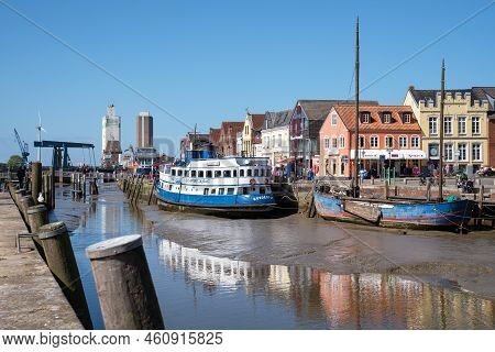 Husum, Germany - May 8, 2022: Harbor Of Frisian City Husum On A Sunny Day During Springtime On May 8