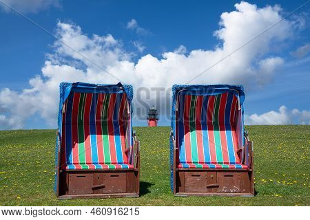 Panoramic Image Of The Landscape Along The Dikes Of Pellworm With Beach Chairs, North Frisia, German