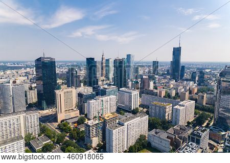 7.22.2022 Warsaw, Poland. Corporations Building Skyscrapers In The Downtown Warsaw. City Skyline Dur