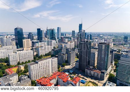 7.22.2022 Warsaw, Poland. Different Architecture In The Downtown Of Warsaw: Blocks From The Era Of P