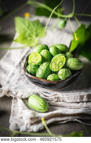 Cucamelon, Melothria Scabra In A Bowl. Organic Mouse Melon Fruits On Gray Background