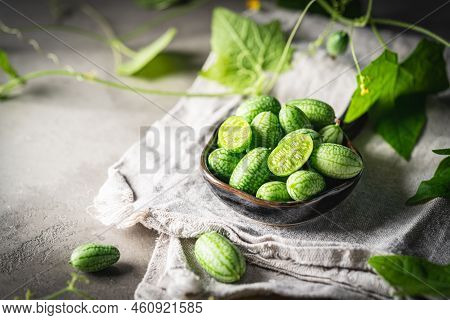 Cucamelon, Melothria Scabra In A Bowl. Organic Mouse Melon Fruits On Gray Background