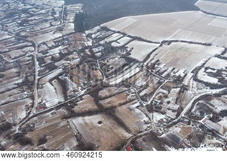 View From A Height Of A Village In Winter, A Winter Rural Landscape, Fields And Forests From A Heigh