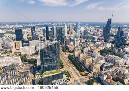 7.22.2022 Warsaw, Poland. Cityscape Concept. Developed Capital City With Eclectic Architecture. Mix 
