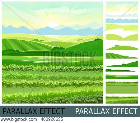 Meadow Hills With Vegetable Gardens And Fields. Rangelands And Pastures. Rural Landscape. Image From