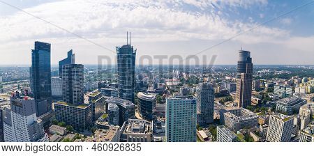 7.22.2022 Warsaw, Poland. Wide Panoramic Drone Shot Of Warsaw Skyline. Such Skyscrapers As Warsaw Tr