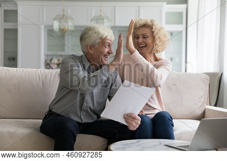Excited Cheerful Mature Older Couple Giving High Vive, Clapping Hands