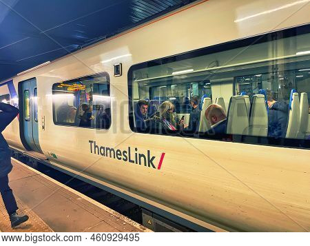Gatwick, United Kingdom - March 03 2022: A Train Is Docked At The Platform Of The Airport Railway St