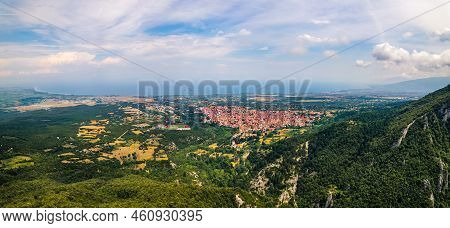 Breathtaking Ascending View Of Leptokaria And Litochoro From Mount Olympus. High Quality Photo
