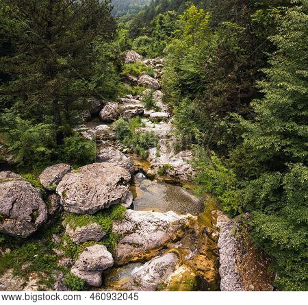 Aerial View Of Natural Landscape With Stream, Prionia River, Greece. High Quality Photo