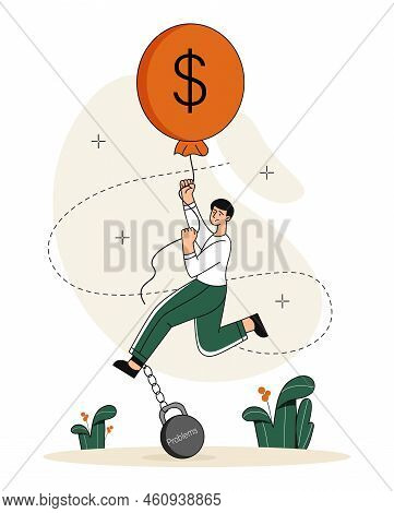 Business Problems Concept. Man With Kettlebell At Feet And Balloon With Dollar. Unsuccessful Entrepr