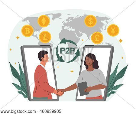 P2p Traiding Concept. Man And Woman Shake Hands. Entrepreneurs Make Deal, Metaphor For Successful Ne