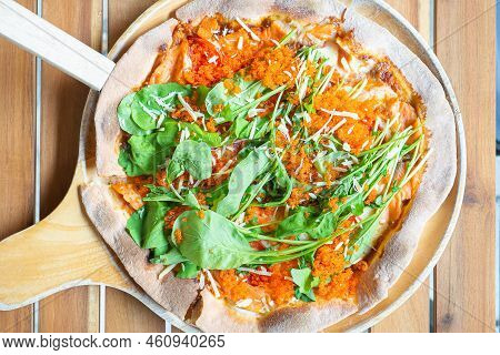 Pizza Salmon And Rocket Consisted Of Tomato Sauce, Mozzarella Cheese, Smoked Salmon, Rocket, Tomato,