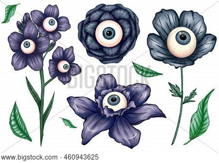 Dark Blue Creepy Halloween Flowers With Eyeballs, All Seeing Mystic Florals, Halloween Design Elemen