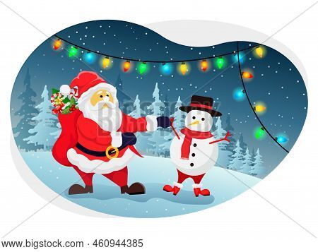 Santa Claus And Snowman Giving Christmas Gifts Illustration.