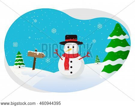 Christmas Winter Snowman In Snowfall Beautiful Illustration.