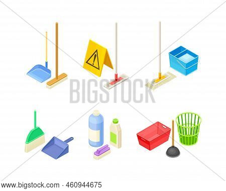 Household Cleaning Equipments With Mop, Broom And Bottles With Detergents Isometric Vector Set