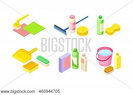 Household Cleaning Equipments With Mop, Broom And Bottles With Detergents Isometric Vector Set