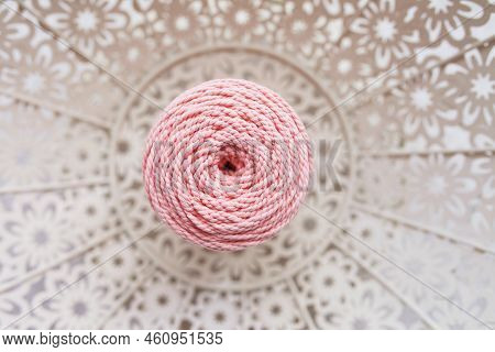 Handmade Macrame Braiding And Cotton Threads In Basket On White Background. Cotton Macrame Cords And