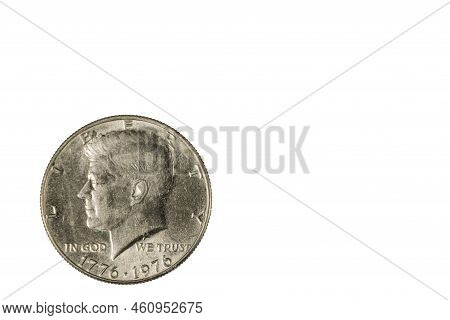 Close Up View Of Front Side Of Half Us Dollar Coin Dated 1776-1976. Numismatic Concept.