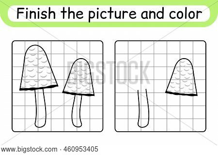 Complete The Picture Mushroom Coprinus. Copy The Picture And Color. Finish The Image. Coloring Book.