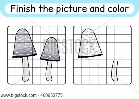 Complete The Picture Mushroom Coprinus. Copy The Picture And Color. Finish The Image. Coloring Book.