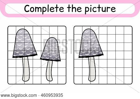 Complete The Picture Mushroom Coprinus. Copy The Picture And Color. Finish The Image. Coloring Book.