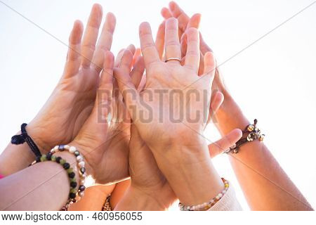 Group Of Many Caucasian Hands People Together Touching - Cooperation And Team People Concept - Clear