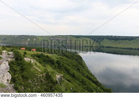 The High Banks Of A Large River With Calm Smooth Water. The Rural Landscape Of Dniester River, Ukrai
