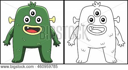 This Coloring Page Shows A Three-eyed Monster. One Side Of This Illustration Is Colored And Serves A