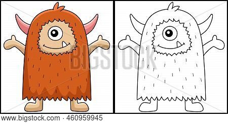 This Coloring Page Shows A Cute Monster. One Side Of This Illustration Is Colored And Serves As An I
