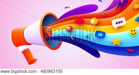 3d Megaphone Speaker Or Loudspeaker Bullhorn For Announce Promotion With Colorful Elements. Megaphon