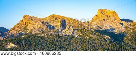 Dolomites Panoramic View At Morning Sunrise Time. Ra Gusela, Averau And Nuvolau Peaks. Italy