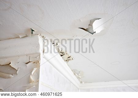 Swelling Leaking Of Whitewash And Plaster On Ceiling Of Dwelling Due To Penetration Of Water From Th