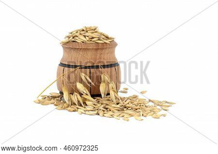 Heap Of Organic Oat Grains With Hulls Or Husks In Small Wooden Barrel Isolated On White Background. 