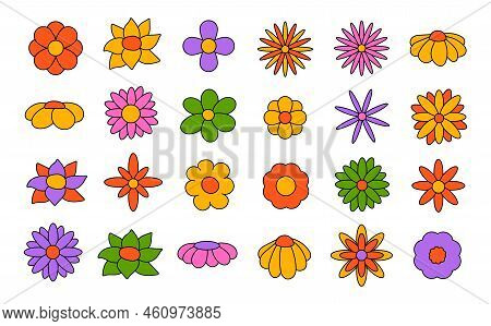Collection Of Simple Blooming Flowers In 1970s Psychedelic Hippie Style. Set Of Graphic Stickers In 