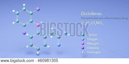 Diclofenac, Nsaid, Analgesic, Molecular Structures, 3d Model, Structural Chemical Formula And Atoms 