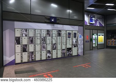 Gelsenkirchen, Germany - September 19, 2020: Baggage Lockers At Gelsenkirchen Train Station In Germa