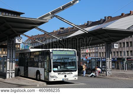 Moenchengladbach, Germany - September 18, 2020: People Wait At The Bus Station Of Gladbach In Moench