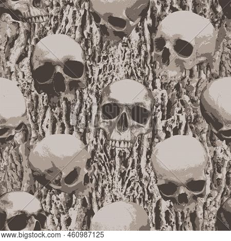 Seamless Pattern With Sinister Human Skulls On Background Of Stone Texture. Monochrome Vector Backgr
