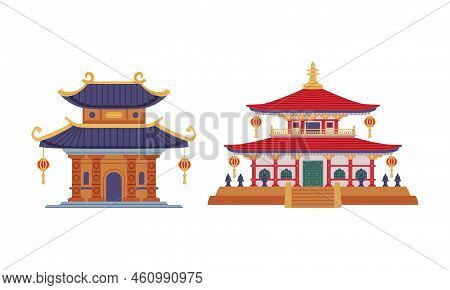 Pagoda As Chinese Tiered Tower With Multiple Eaves And Traditional Building Vector Set