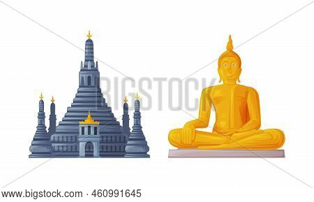 Wat Arun And Buddha Golden Statue As Thailand Symbol And Famous Landmark Vector Set