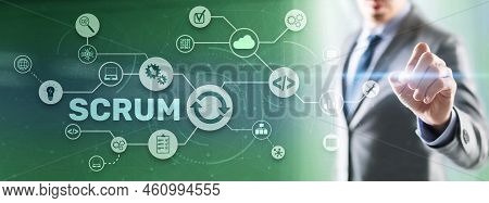 Scrum. Hand Presses The Inscription Scrum On A Virtual Panel. Agile Development Methodology.