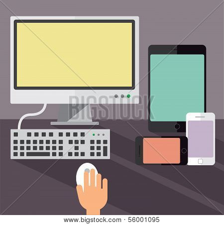 Desktop computer, smartphones and a tablet
