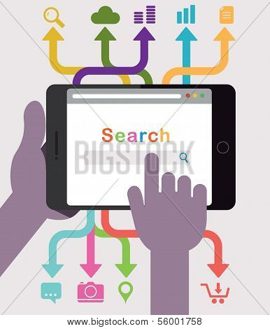 Tablet computer with arrows and icons